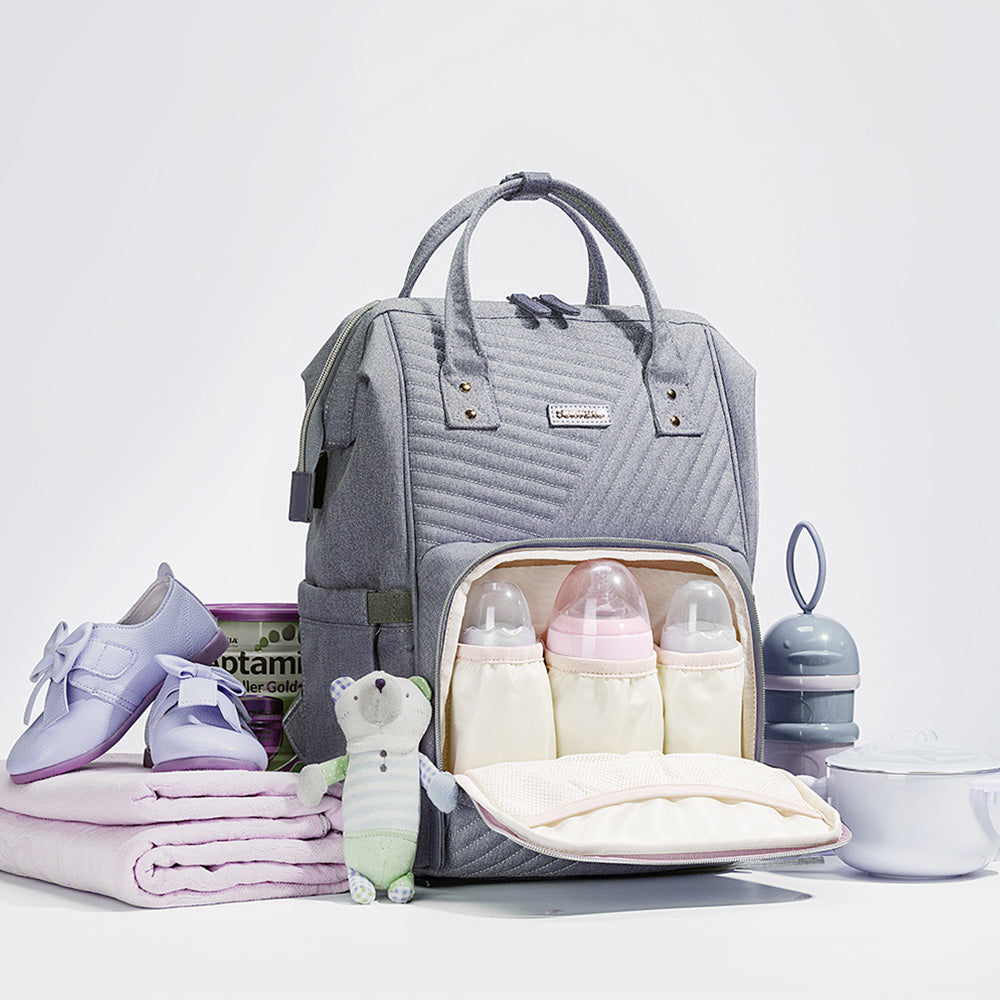 Modern Quilted Diaper Bag Backpack - Waterproof with USB Port | Pureli Baby